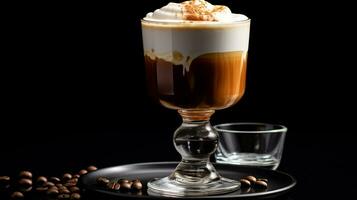 Photo of a Irish Coffee drink isolated on black background. Generative AI