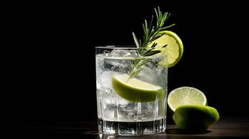 Photo of a Gin and Tonic drink isolated on black background. Generative AI