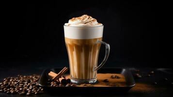 Photo of a Gingerbread Latte drink isolated on dark background. Generative AI