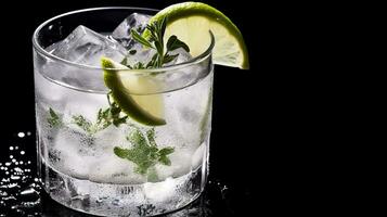 Photo of a Gin and Tonic drink isolated on black background. Generative AI