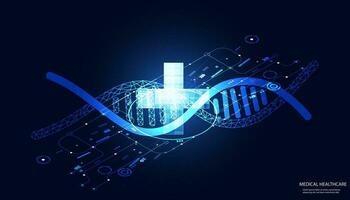 resumen adn, digital fluir y médico símbolo más. concepto. futuro tratamiento, gene edición, moderno médico tecnología. en un azul fondo, de alta tecnología vector