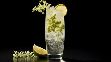 Photo of a Elderflower Spritzer drink isolated on black background. Generative AI