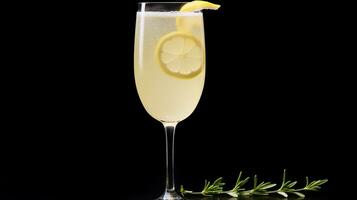 Photo of a French 75 drink isolated on black background. Generative AI