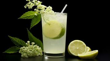 Photo of a Elderflower Spritzer drink isolated on black background. Generative AI