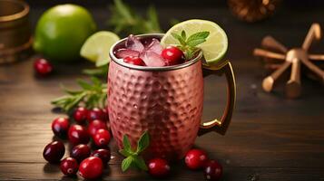 Photo of a Cranberry Moscow Mule drink isolated on dark background. Generative AI