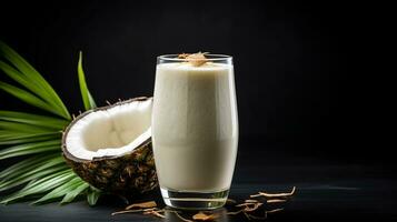 Photo of a Coconut Pina Colada Smoothie isolated on black background. Generative AI