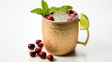 Photo of a Cranberry Moscow Mule drink isolated on white background. Generative AI