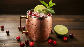 Photo of a Cranberry Moscow Mule drink isolated on dark background. Generative AI