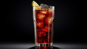 Photo of a Coca-Cola drink isolated on black background. Generative AI