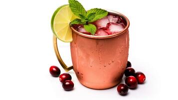 Photo of a Cranberry Moscow Mule drink isolated on white background. Generative AI