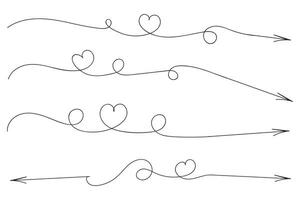 Hand drawn Thin continuous line lovely hearts style curved arrow vector, one line left right direction love sign with pen arrows, Minimalistic Outline single line way decorations decorative element vector