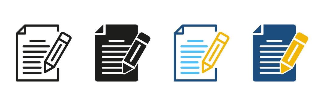 documento con bolígrafo línea y silueta icono colocar. negocio contrato símbolo recopilación. archivo página negro y color pictograma. firma en solicitud forma. datos informe. aislado vector ilustración.