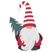 Cute gnome with long beard and red striped hat isolated on white. Scandinavian cartoon character with Christmas tree. Fairy tale dwarf vector