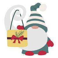 Cute gnome with long beard and striped hat isolated on white. Scandinavian cartoon character with gift for Christmas decoration. Fairy tale dwarf vector