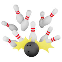 Bowling ball hit bowling pins clipart flat design icon isolated on transparent background, 3D render sport and exercise concept png