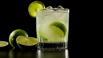 Photo of a Caipirinha drink isolated on black background. Generative AI