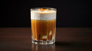 Photo of a Butterscotch Steamer drink isolated on black background. Generative AI
