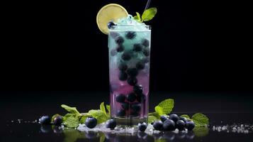 Photo of a Blueberry Mojito drink isolated on black background. Generative AI