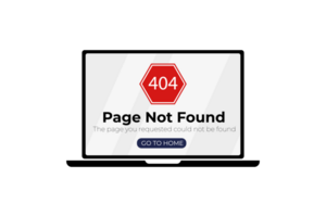 Illustration 404 error page not found banner. Laptop with warning sign and text 404. System error, broken page. For website. Web Template. png