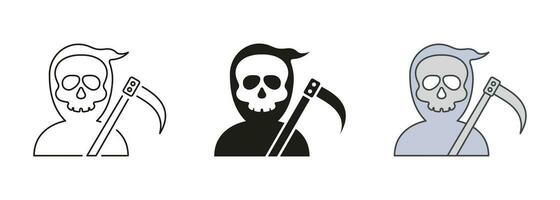 Grim Reaper Halloween Character Line and Silhouette Icon Set. Halloween Costume of Grim Reaper Black and Color Symbols. Scary Human Skeleton in Robe with Scythe. Isolated Vector Illustration.