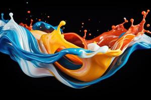 Colorful paint splashes isolated on dark background photo
