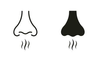 nariz humano huele línea y silueta negro icono colocar. nasal olor oler pictograma. malo aroma símbolo recopilación. nariz pérdida sentido de oler, aliento aire signo. aislado vector ilustración.