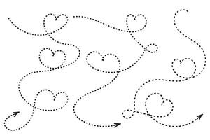 Hand drawn Thin continuous line lovely hearts style curved Dotted arrow vector, one line left right direction love sign with pen dashed line arrows, Minimalistic Outline single line way decorations vector