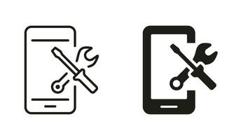 Smartphone Software Service Line Icon Set. Configuration and Technical Support of Cellphone Pictogram. Setting Up Applications on Mobile Phone Symbol Collection. Vector Isolated Illustration.