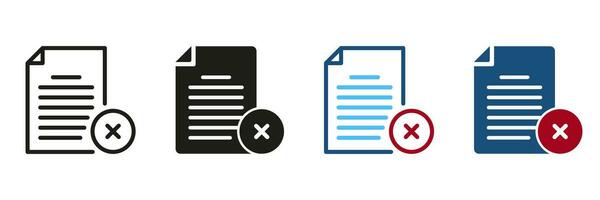 Delete Document Line and Silhouette Icon Set. Reject Agreement Black and Color Pictogram, Paper File with Cross Sign. Cancel Contract Symbol Collection. Remove Data. Isolated Vector Illustration.