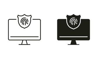 Computer with Touch ID Technology Line and Silhouette Black Icon Set. Security Password Access to Server, Shield on Display. Fingerprint Identification Symbol Collection. Isolated Vector Illustration.