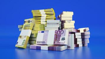 Stacks of Euro notes. A lot of money isolated on blue background. 3d rendering of bundles of cash photo