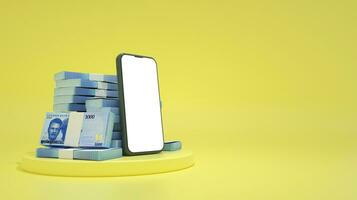 3D rendering of mobile phone with  blank screen in front of stacks of 1000 Nigerian naira notes isolated on yellow background. photo