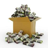 3d rendering of cardboard box full of Botswanan Pula notes isolated on a white background photo