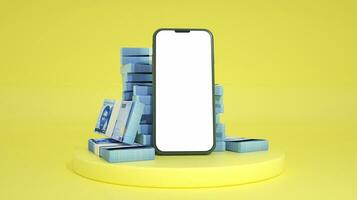 3D rendering of mobile phone with  blank screen in front of stacks of 1000 Nigerian naira notes isolated on yellow background. photo