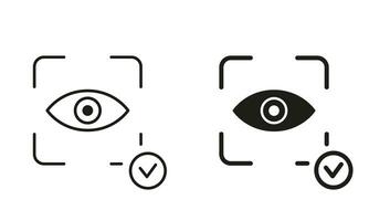 Iris Recognition for Biometric Identification Sign. Retina Scanner. Eye Scan ID Line and Silhouette Black Icon Set. Vision Scanning Technology for Security Access. Isolated Vector Illustration.