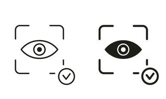 Iris Recognition for Biometric Identification Sign. Retina Scanner. Eye Scan ID Line and Silhouette Black Icon Set. Vision Scanning Technology for Security Access. Isolated Vector Illustration.