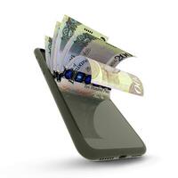 3D rending of Botswanan Pula notes inside a mobile phone photo
