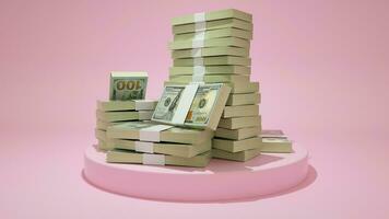 Stacks of 100 US dollar notes on top of pedestal. money on pink background. 3d rendering of bundles of cash photo