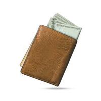 3D rendering of Brazilian real notes popping out of a brown leather wallet photo