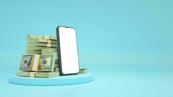 3D rendering of a mobile phone with  blank screen in front of stacks of 100 US dollar notes isolated on blue background. photo