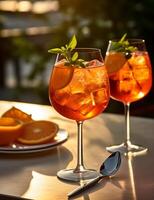 Photo of some Aperol Spritz drink elegantly plated on a table. Generative AI