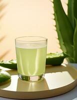 Photo of some Aloe Vera Drink drink elegantly plated on a table. Generative AI