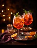 Photo of some Aperol Spritz drink elegantly plated on a table. Generative AI