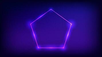 Neon frame in pentagon form with shining effects on dark background. Empty glowing techno backdrop. Vector illustration.