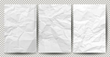 Set of white clean crumpled papers on transparent background. Crumpled empty sheets of paper with shadow for posters and banners. Vector illustration