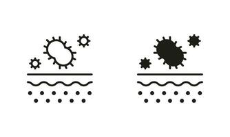 Bacteria on Skin Pictogram. Microorganisms on Dermis Structure Line and Silhouette Black Icon Set. Skin Layer with Microbes Flora Symbol Collection. Isolated Vector Illustration.