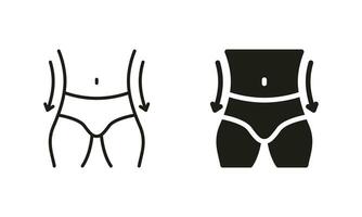 Shape Waistline Control. Male Body Slimming Symbol Collection. Man Loss Weight Pictogram. Slimming Waist Line and Silhouette Black Icon Set. Isolated Vector Illustration.