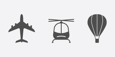 Plane, Hot Air Balloon, Helicopter Silhouette Icon Set. Air Transport Glyph Pictogram. Jet Cargo Shipping Solid Sign. Flight Cruise Transportation Symbol Collection. Isolated Vector Illustration.