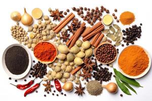 Various spices on a white background. technology. photo