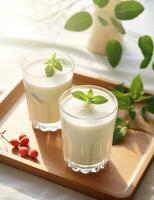 Photo of some Yakult drink elegantly plated on a table. Generative AI